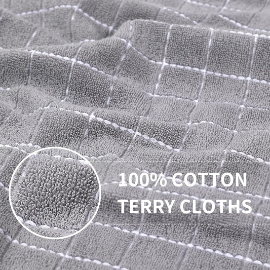 Homaxy 100% Cotton Terry Kitchen Towels(Light Grey, 13 x 28 inches), Checkered Designed, Soft and Super Absorbent Dish Towels, 12 Pack