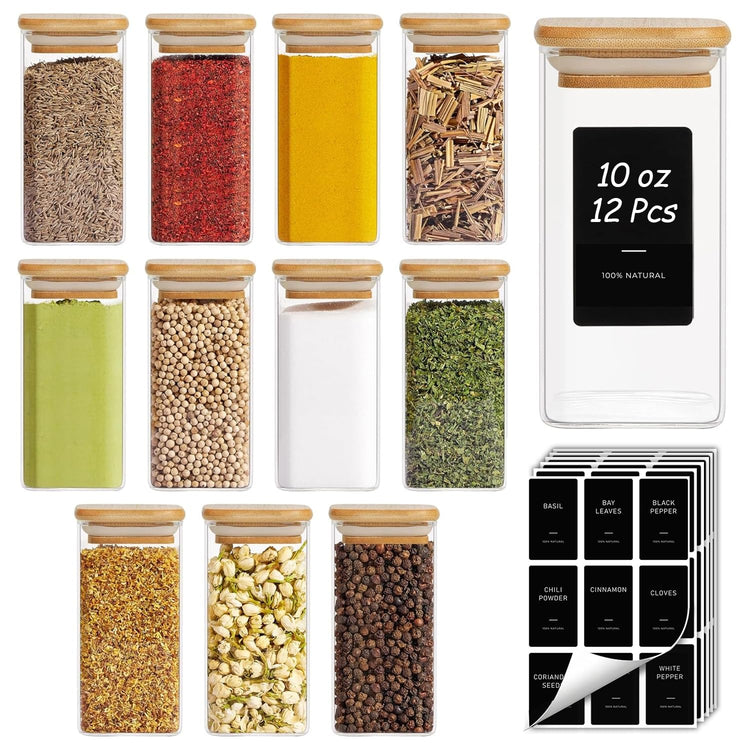 Glass Spice Jars with Labels 10 oz 12 Pack Large Square Bamboo Lids (12 Count)