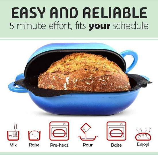 LoafNest: No-Knead Artisan Bread Kit. Incredibly easy! Cast Iron Dutch Oven [2 qt] and Perforated Non-Stick Silicone Liner.