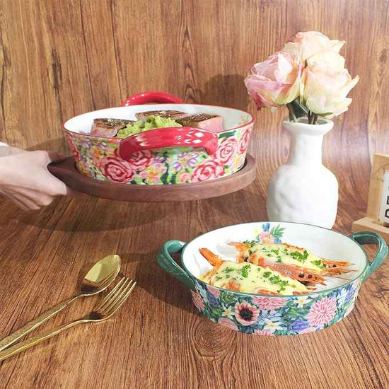 Two-piece baking pan set: Hand-painted floral ceramic baking pan with creative double handles, suitable for lasagna, quiche, apple pie, etc, a housewarming or wedding gift. (Combination 1)