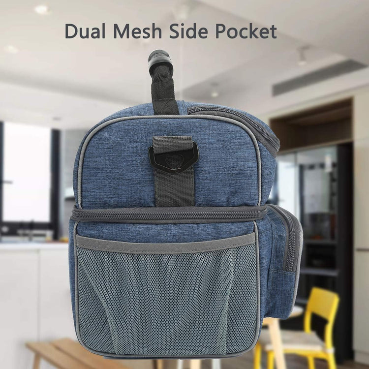 FlowFly Double Layer Cooler Insulated Lunch Bag Adult Lunch Box Large Tote Bag for Men, Women, With Adjustable Strap,Front Pocket and Dual Large Mesh Side Pockets