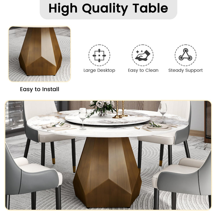 59" Modern Artificial Marble Round Dining Table with Antique Brass Metal Base & 31.5" White Sintered Stone Turntable