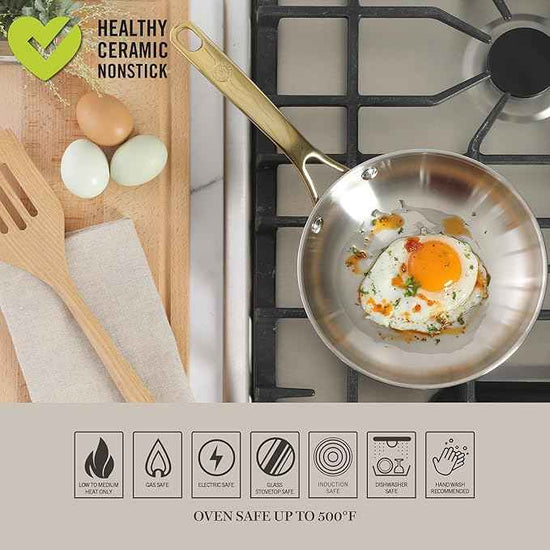 Martha Stewart Castelle 8-Inch Stainless Steel Frying Pan with Gold-Tone Handle – Tri-Ply Encapsulated Bottom, Oven Safe & Induction Safe Skillet for Searing and Sautéing