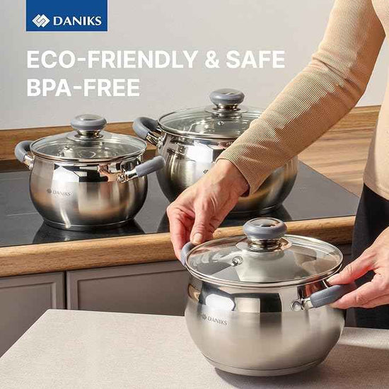 Daniks Modern 6-Piece Stainless Steel Cookware Set with Glass Lids, Tri-Ply Bases for Even Heating, Induction Compatible, Dishwasher Safe, Heatproof Handles