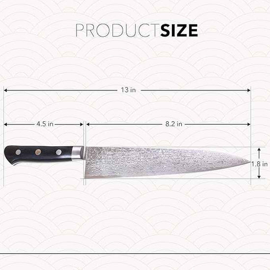 Kagayaki Japanese Chef’s Knife, KGRP-3 Professional Gyuto Knife, Polished Patterned Damascus Stainless Steel with Ergonomic Black Pakka Wood Handle, 8.2 inch