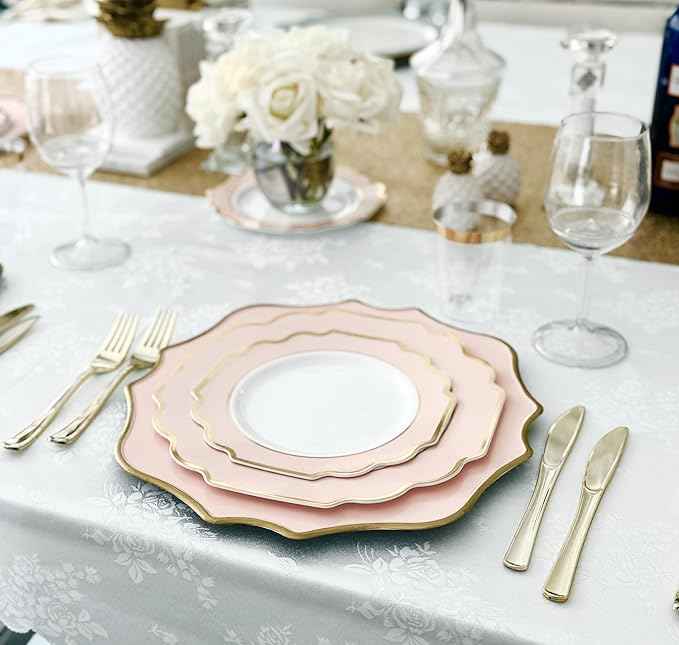" OCCASIONS " 200 Piece set (25 Guests)-Wedding Plastic Plates & cutlery -Disposable heavyweight Dinnerware 10.5'', 8'' + Silverware + Cups + Napkins (Imperial in Blush Pink & Gold)