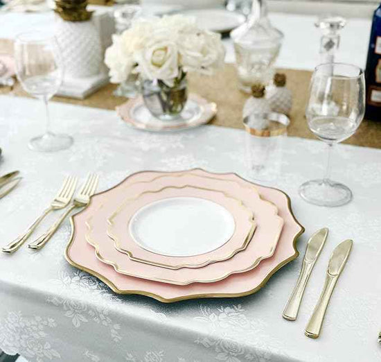 " OCCASIONS " 960 Piece set (120 Guests)-Heavyweight Wedding Party Disposable Plastic Plate Set - 120 x 10.5'' + 120 x 8'' + Silverware + Cups + Napkins (Imperial in Blush Pink & Gold)