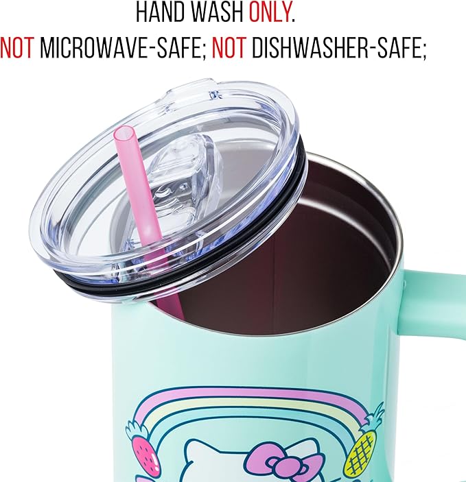 Silver Buffalo Sanrio Hello Kitty Kawaii Strawberry, Pineapple, and Rainbows Double Walled Stainless Steel Tumbler with Handle and Straw, Fits in Standard Cup Holder, 40 Ounces