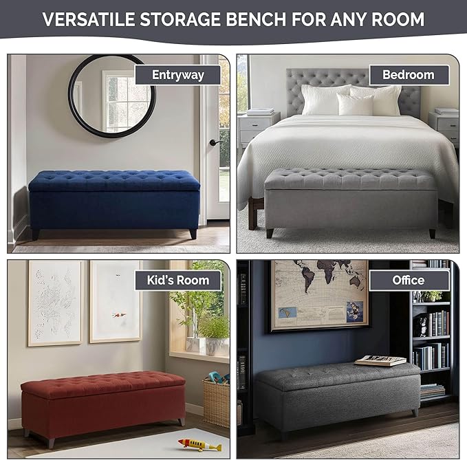 Madison Park Entryway Accent Bench for Living Room Flip Top Storage Chest, Shandra Tufted Top Upholstered Storage Bench End of Bed for Bedroom Furniture, Indoor Seating, 49"Wide, Navy