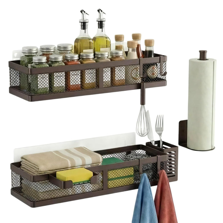 5-in-1 16.5" Extra Long Slim Wall Mount Wrapped Mesh Kitchen Organizer & Shower Caddy Kit, with Paper Towel Holder, Utensil Holder, Soap Dish, Holds 50LBS - Vintage Bronze, Netting