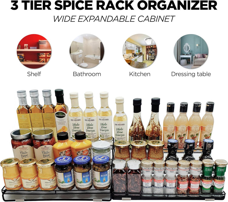 3 Tier Wide Expandable Cabinet Spice Rack Organizer (14.5" to 29.1") - Step Shelf with Protection Railing, Black