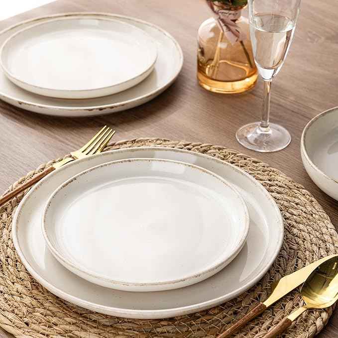 AmorArc Ceramic Dinnerware Sets for 4, 12 Pieces Handpainted Plates and Bowls Set with Rustic Terracotta Underside, Scratch Resistant Stoneware Dishes Set, Dishwasher & Microwave Safe, Beige