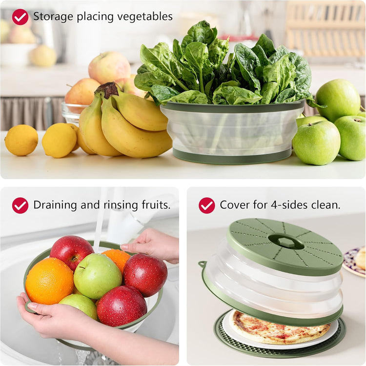WVM Microwave Splatter Cover & Mat, Vented Collapsible Splatter Guard dish Plate lid & Silicone Round Kitchen Mat for Food, Meal Prep, Green
