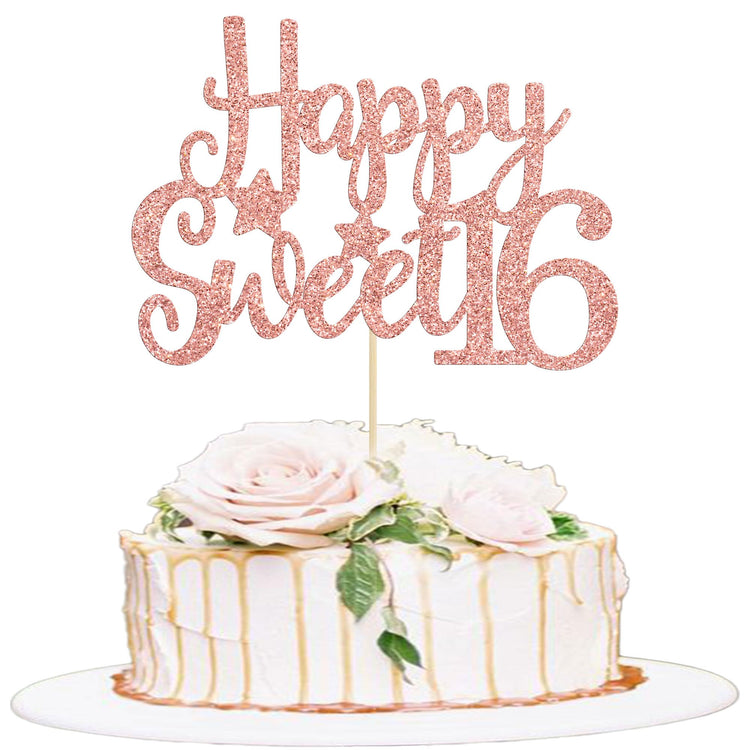 1Pc Happy Sweet 16 Cake Topper Rose Gold Glitter Sweet 16 Birthday Decorations Happy 16th Birthday Decorations for Girls Boys