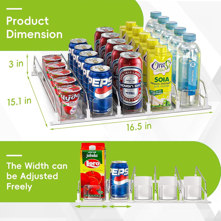 Soda Can Dispenser for Refrigerator,Self-Pushing Drink Organizer for Fridge, Width Adjustable Fridge Organization, Beer Pop Can Water Bottle Drink Dispenser for Fridge (15.1" D) White (5 Row, White)