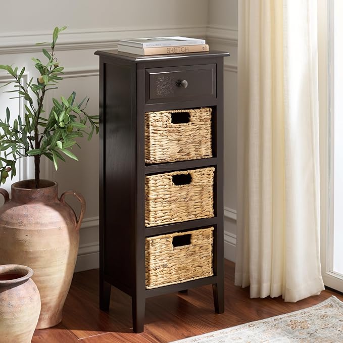 SAFAVIEH Home Collection – Michaela Black 4-Drawer Storage Unit, Natural Rattan Basket Organization, Fully Assembled (AMH5744H)
