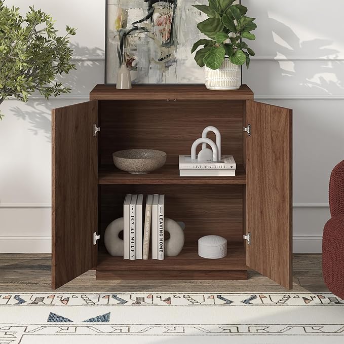 Henn&Hart 28" Fluted Wooden Accent Cabinet, Ribbed Modern Sideboard Buffet Cabinet with 2 Doors and an Adjustable Shelf for Living Room, Dining Room, Bedroom or Entryway, Medium Walnut