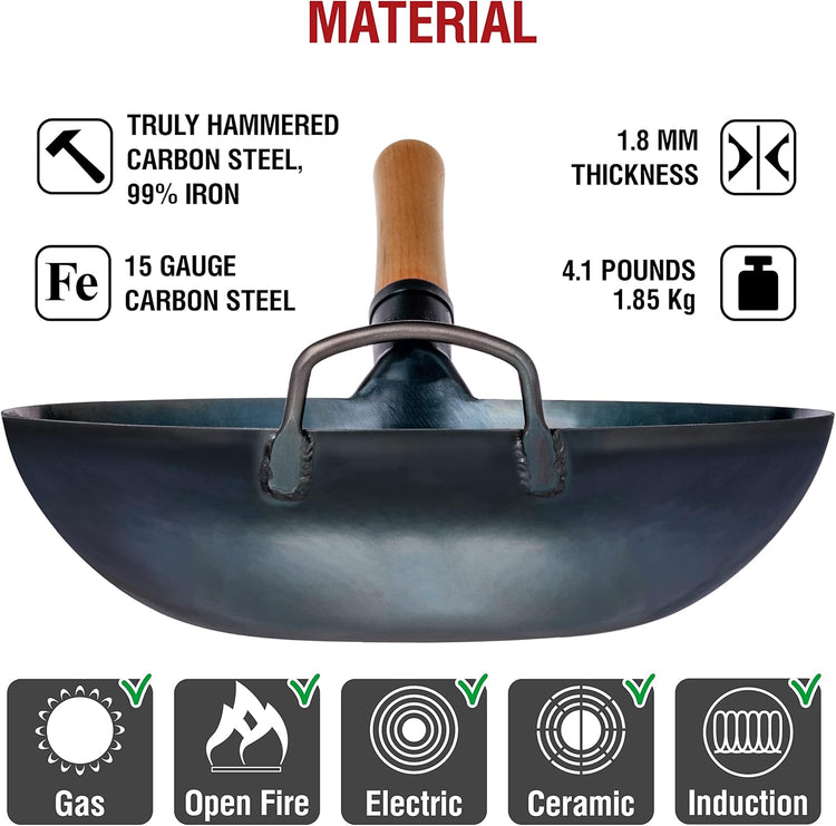 YOSUKATA 13.5” Blue Carbon Steel Wok Pan – Pre-Seasoned Flat Bottom Wok Compatible with open fire, gas, electric, ceramic, induction cooktops -Traditional Chinese Pan for Stir Fry, BBQ, Grill, Camping
