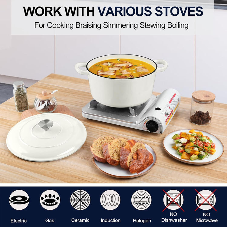 P&P CHEF 6QT Enameled Dutch Oven, Cast Iron Dutch Oven Pot with Lid for Bread Baking, Enameled Casserole Pot for Roasting Braising Stewing Frying Simmering, Various Stoves & Easy Clean, White - Nestoria