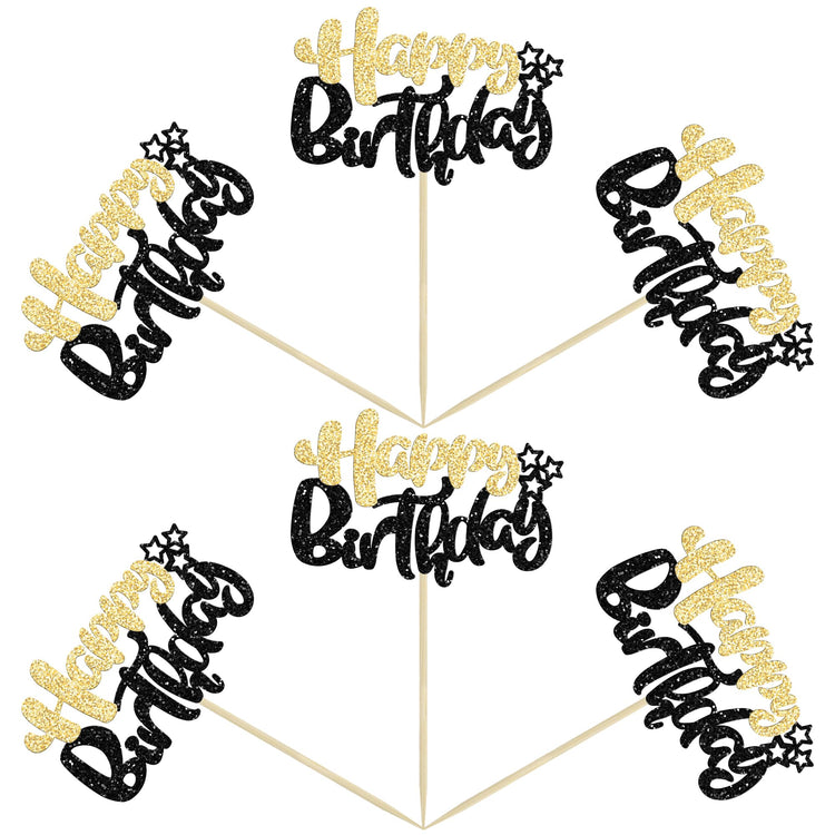 24Pcs Happy Birthday Cupcake Toppers Double Layer Glitter Happy Birthday Cake Decorations for Celebrating Baby Shower Theme Kids Boys Girls Birthday Party Cake Decorations Supplies Black Gold (24 Count)