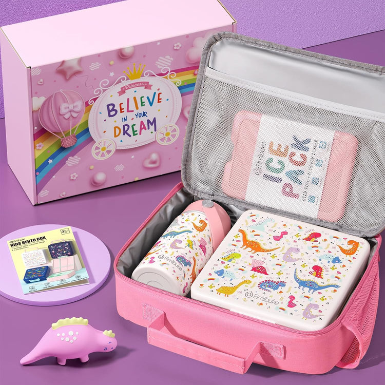 Fimibuke Kids Bento Lunch Box with 4 Compartments, Insulated lunch Bag, Stainless Steel Insulated Water Bottle, Ice Pack & Utensils Set, Birthday Gifts for Ages 3-12 Back to School Toddler Girls Boys