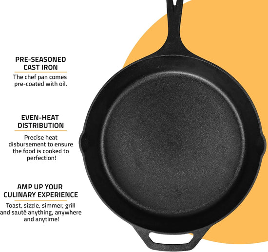 Utopia Kitchen Cast Iron Frying Pan 10.25 Inch, Cast Iron Chefs Pan, Pre Seasoned Skillet, Safe Grill Cookware for Indoor & Outdoor Use, Black - Nestoria