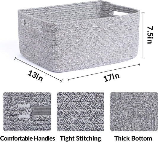 Large Storage Baskets for Shelves, Closet Organizers Bins for Clothes Blanket Towels, Baby Nursery, Toy Baskets Box, Woven Rope Baskets, 17 x 13 x 7.5”, 3 Packs Mixed Grey