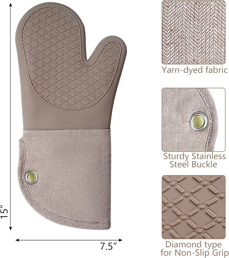 Professional Microwave Silicone Oven Mitts one Pair, Kitchen Mitten Set for Heat Resistant with 500 Degrees, Kitchen Gloves Pot Holder for BBQ Cooking Baking (Khaki)