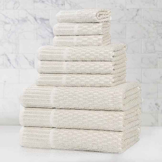 Superior Juno Viscose Cotton Blend Medium Weight Towels, for Bathroom, Shower, Spa, Plush, Quick Dry, Ultra-Soft Towels, Bath Essentials, Border Detail, 9 Piece Assorted Towel Set, Beige