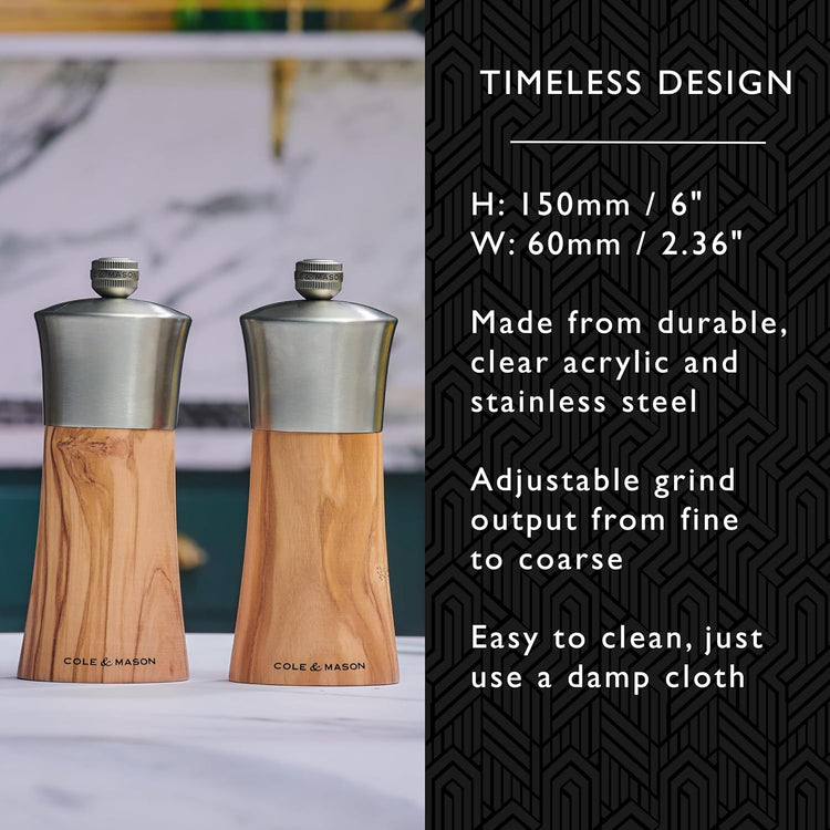 Cole & Mason Bromley Pepper Mill, 6" - Pepper Grinder with Ultra-Sharp Grinding Mechanism - Flavor-Enhancing Pepper Shaker - Refillable Mill with Adjustable Grinding - Olive Wood, Pepper Mill
