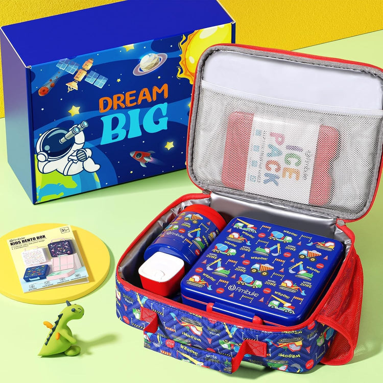 Fimibuke Kids Bento Snack Lunch Box with 4 Compartment, Insulated lunch Bag, Stainless Steel Vacuum Thermos Food Jar, Ice Pack, Utensils Set, Birthday Gift for Age 3-12 Back to School Toddler Girl Boy