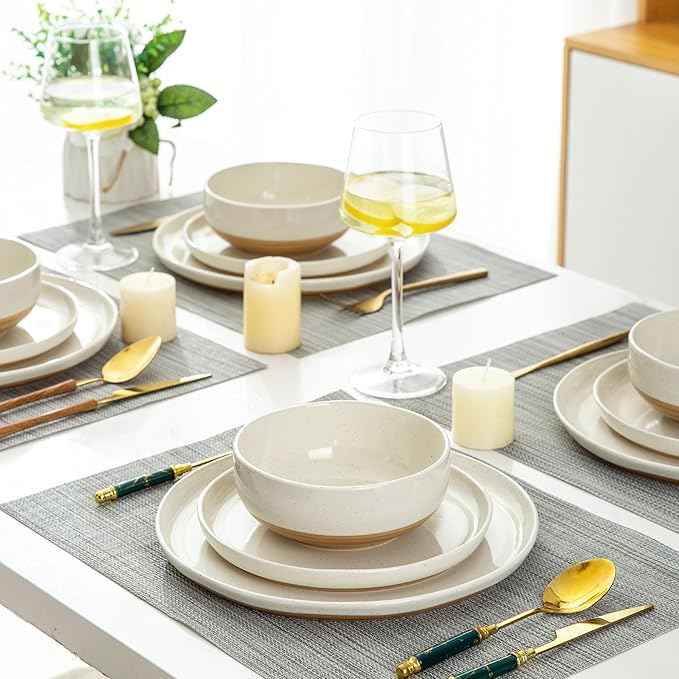 AmorArc Ceramic Dinnerware Sets with Pasta Bowls for 8, Handpainted Plates and Bowls Set with Rustic Terracotta Underside, Scratch Resistant Dishes Set, Dishwasher & Microwave Safe, 32 Pcs
