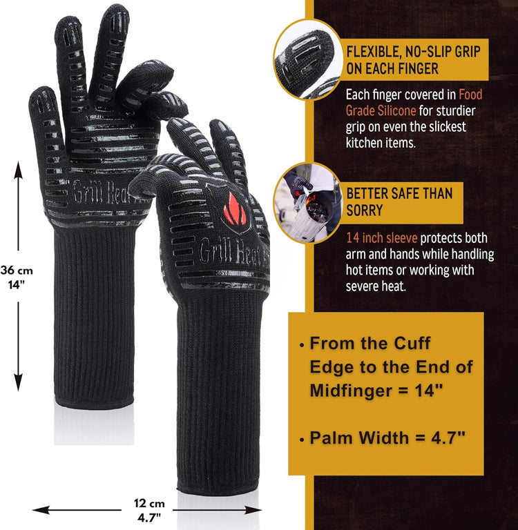 GRILL HEAT AID BBQ Grill Gloves Heat Proof for Grilling – Fireproof 1472°F Heat-Resistant Grill Mitts for Outdoor Barbecue and Smoker, Campfire, Fire Pit, Oven Glove with Fingers for Baking Pizza