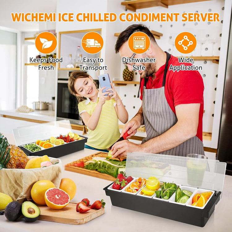 WICHEMI Fruit, Veggie & Condiment Caddy with Lid Dispenser Tray Plastic Garnish Station for Bartending & Serving Taco, Ice Cream, Salad Bar - Topping Organizer for Restaurant Supplies (6 Compartment)