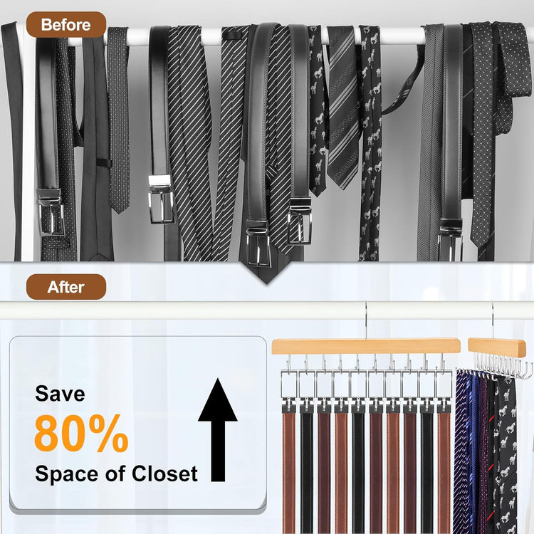 TOPIA HANGER 2 Pack 2 in 1 Belt Tie Hanger for Closet Max 60 Belts with 60 Ties Capacity, 20 Hooks Belt Tie Racks Wooden Hanger for Closet Organizer Space Saving “U” Fit Belt and “一” Fit Tie - CT59N