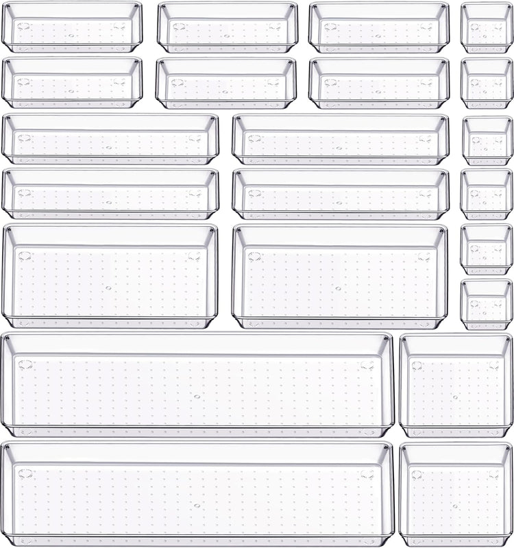 Criusia 22 Pcs Drawer Organizer Bins, Acrylic Non Slip Kitchen Drawer Organizers Storage Tray Divider, Multifunctional Storage for Cosmetics, Bathroom, Tools, Kitchen and Office