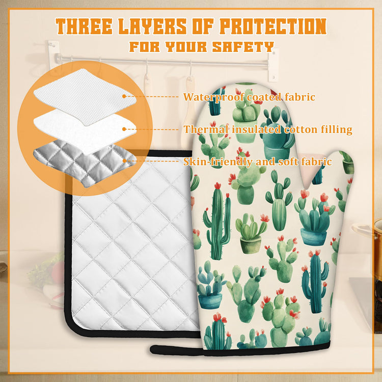 Cactus Succulent Flower Oven Mitts and Pot Holders Set (4 Count)