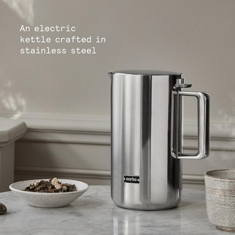 aarke Stainless Steel Kettle - Perfect for Coffee and Tea Maker Enthusiasts, Non-Drip Spout, Double-Wall Construction, Dry Boil Protection, Heat-Safe Handle, LED Cool-Down Indicator, 1.2L (Steel)