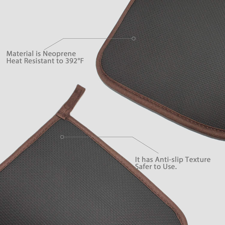 Cotton and Neoprene Oven Pads Pot Holders with Pocket 8"x8.5" Dual-Function Hot Pad Set for Finger Hand Wrist Protection Heat Resistant to 428°F Brown