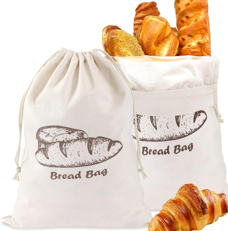 Bread Bag with Inside Lining, 2 Pack Reusable Linen Bread Storage Bags, 11.75" x 11.5" Homemade Bun Container, Double Drawstring Closure for Fruit and Baguette, Artisan Bread Storage