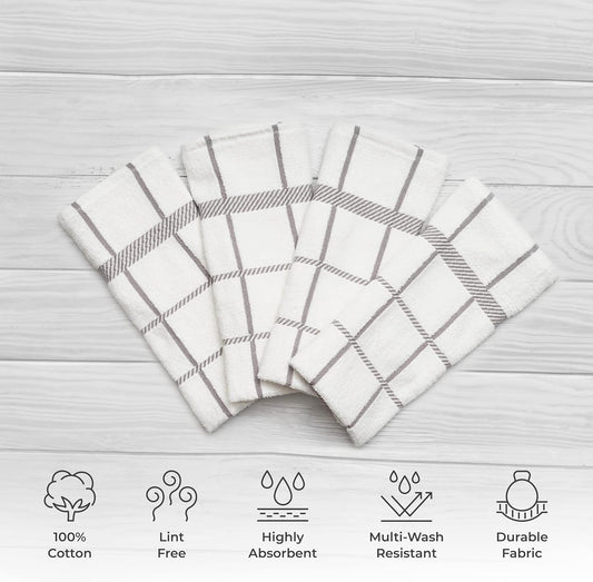 100% Cotton Terry Dish Towels, 4 Pack Checks, 16 x26 Inches, Super Soft and Absorbent Kitchen Towels, Perfect for Kitchen Cleaning and Dish Washing | Light Gray - Nestoria