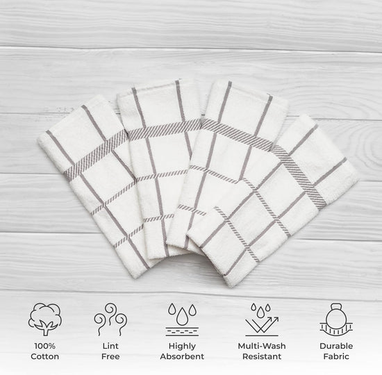 100% Cotton Terry Dish Towels, 4 Pack Checks, 16 x26 Inches, Super Soft and Absorbent Kitchen Towels, Perfect for Kitchen Cleaning and Dish Washing | Light Gray - Nestoria
