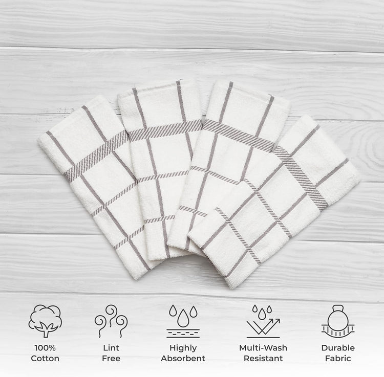 100% Cotton Terry Dish Towels, 4 Pack Checks, 16 x26 Inches, Super Soft and Absorbent Kitchen Towels, Perfect for Kitchen Cleaning and Dish Washing | Light Gray - Nestoria