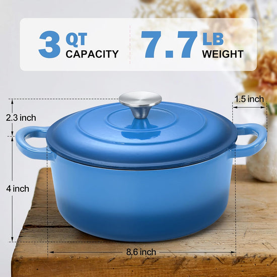 Small 3 Quart Dutch Oven, HaSteeL Round Cast Iron Cooking Pot with Lid, Nonstick Enameled Cookware for Sourdough Bread Baking Roasting Stewing Braising Frying, Heavy Duty & Oven Safe 500℉, Blue - Nestoria