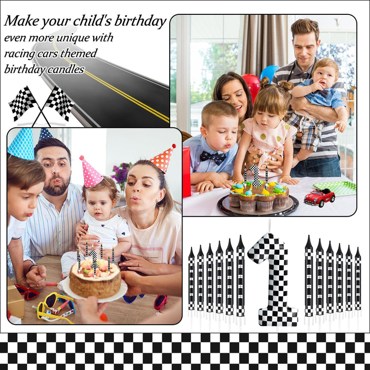 13 Pcs Racing Cars Themed Birthday Candles Black and White Race Number 1 Checkered Candle Cake Topper for Racing Car Party Decoration Supplies (13 Count)