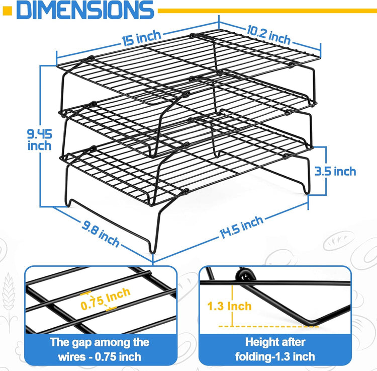 P&P CHEF 3-Tier Cooling Rack Set, Stackable Stainless Steel Baking Cooling Roasting Cooking Racks for Cake, Pastry, Bread, Meat, Bacon, Collapsible & Thick Wire, Oven Safe, 15" x10", Black