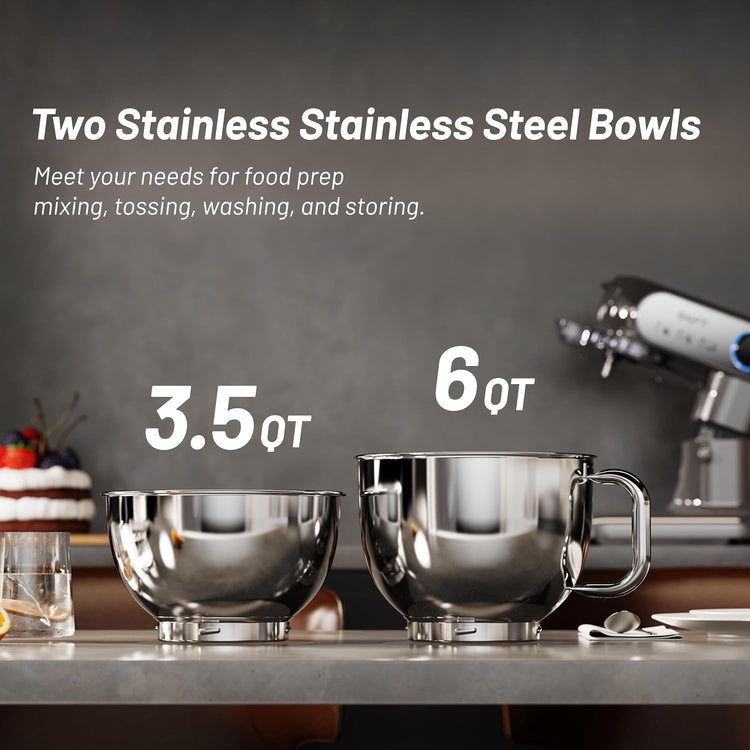 Stand Mixer, 3.5QT+6QT Two Bowls Kitchen Electric Mixer, 600W 6+P speed Tilt-Head Food Mixer with Stainless Steel Bowl, Dishwasher-Safe Dough Hook, Flat Beater, Wire Whisk, Splash Guard, Grey