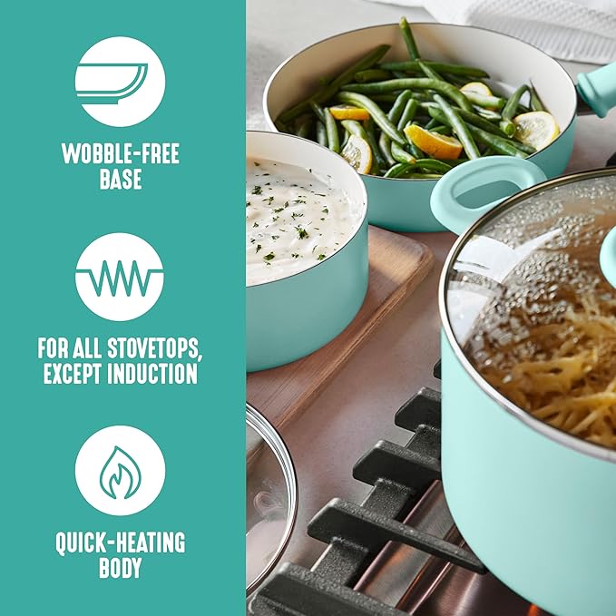 GreenLife 8 Piece Nonstick Cookware Set, Non-Toxic PFAS-Free Ceramic Pots & Pans, Dishwasher & Oven Safe, Frying, Sauce, Stock Pot, Glass Lids, Stay-Cool Handles, Wobble Free, Turquoise
