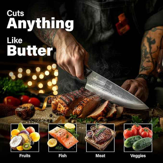 COOLINA Altomino Tungsten Steel Slicing Knife, 7.1-in Japanese Traditional Chef, Forged Hammered Kitchen Knife, Outdoor Cooking Hunting Survival Knives