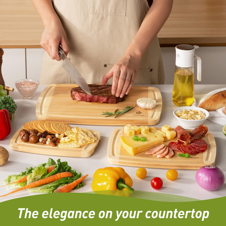 Bamboo Cutting Board Set Non Slip Feet Over Sink Tablas Para Picar Cocina Tabua Madeira Corte Carne Bambu Alimentos Cortar Madera Juego Regalos Cumpleaños Navidad Mujer Mama Abuela Hombre Papa (3 Count)